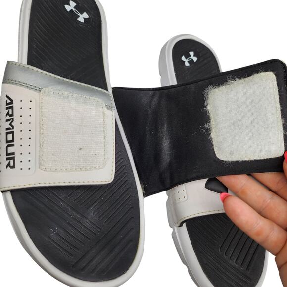 Under Armour Slides Mens 12 Sandals White Black Silver Metallic Ignite Comfort - Picture 10 of 13